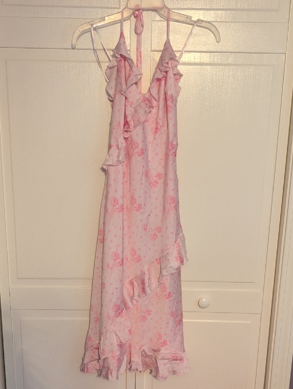 Pink X LoveShackFancy Satin Midi Ruffle Dress In Pink Carnation Size M NWT